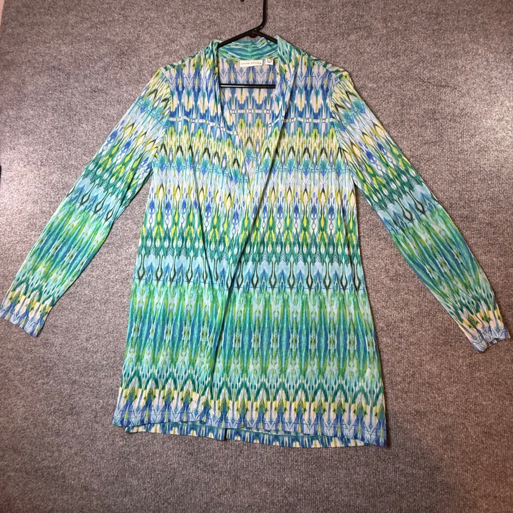Susan Graver Womens Blue Green Ikat Open Front Cardigan Long Sleeve Size MP